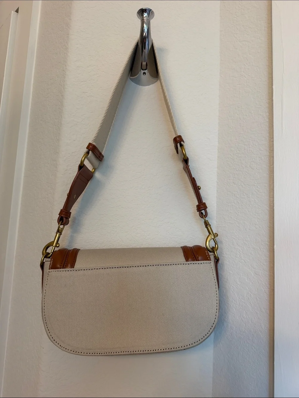 Zara Beige Canvas Shoulder Bag with Brown Leather Trim